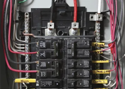 A circuit breaker box with many wires and wires.